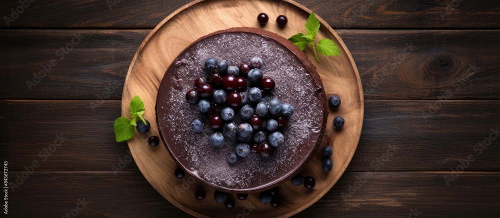 Aufkleber cutted chocolate cake with black currant confit on the wooden background flat lay top view copy spac
