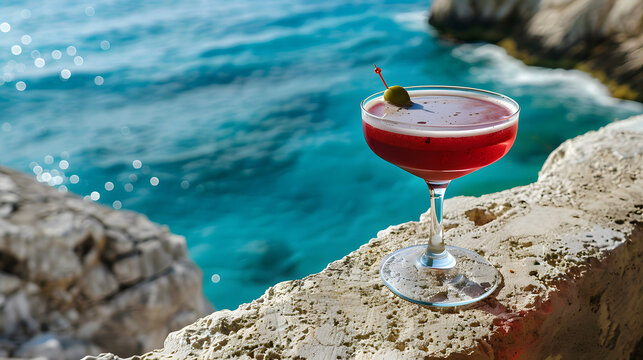 A crimson beverage with a frothy top and a single olive. Resting in a sophisticated goblet on the brink of a stone parapet. Gazing at the turquoise sea. 