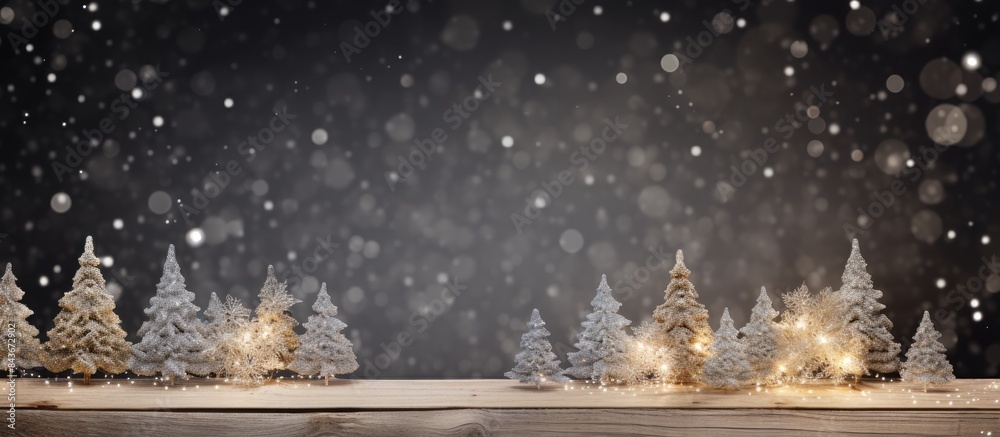 Poster Christmas background with xmas tree and sparkle bokeh lights on wooden canvas background Merry christmas card Winter holiday theme Happy New Year Space for text Happy Holidays. copy space available