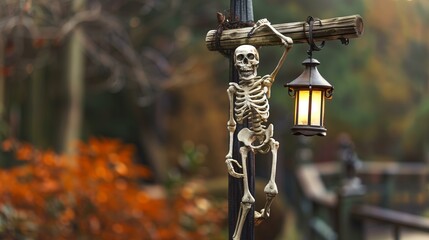 Skeleton decor hanging on a lamppost with lantern in a foggy autumn park