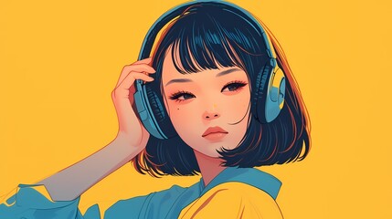 illustration of Asian girl using headphones on solid background