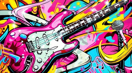 Fototapeta premium Vibrant Musical Fusion: Graffiti Art with Electric Guitars, Microphones, and Swirling Notes in Neon Pink, Yellow, and Blue