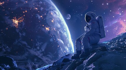 Naklejka premium Interstellar Odyssey: Astronauts Explore Vibrant Cosmic Scene with Planets and Stars in Deep Blues and Purples