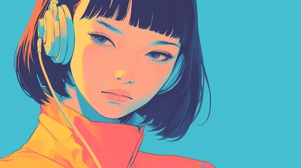 illustration of Asian girl using headphones on solid background