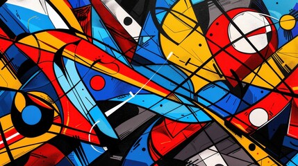 Obraz premium Vibrant Abstract Geometric Design with Overlapping Shapes and Intricate Linework