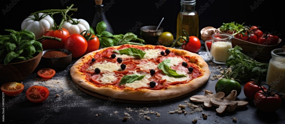 Poster copy space image of pizza preparation with ingredients on a grey background