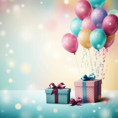 Happy Birthday background with cupcake, party hat and gift box on blur background 