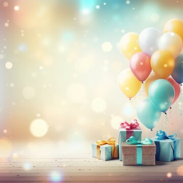 Happy Birthday background with cupcake, party hat and gift box on blur background 
