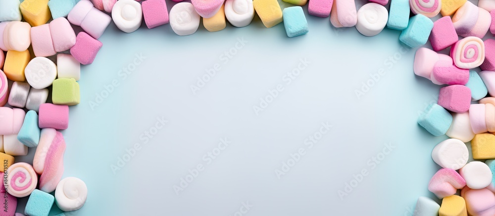Poster candy marshmallow frame with empty center sweet backdrop for holiday events pastel colors. copy spac