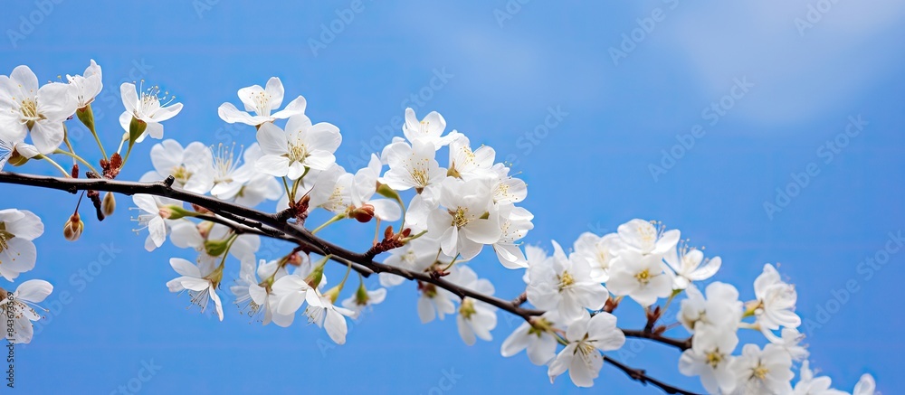 Poster branch of a white blooming tree in front of blue and white sky back lit. copy space available
