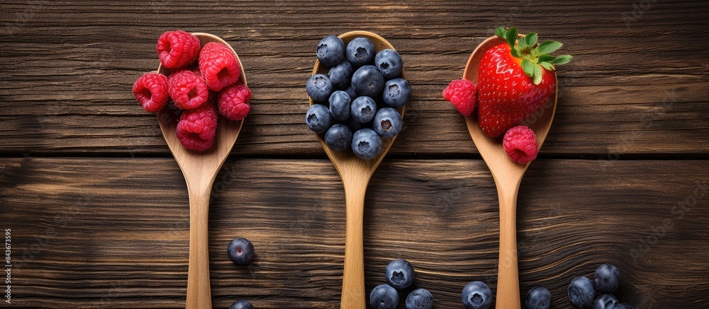 Poster a top down view of various berries blueberries raspberries and strawberries is showcased on an old w