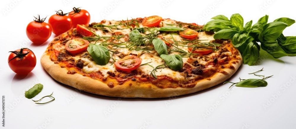 Poster fresh baked hot pizza on white background with copy space on the left side vegetarian pizza with veg