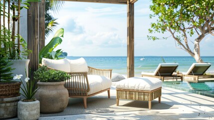 Fototapeta premium Serene Outdoor Patio with Rattan Armchair and Footstool in Thailand