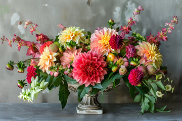Fototapeta premium Graceful vase showcasing a bouquet of dahlia blooms, bringing natural elegance to your living space.