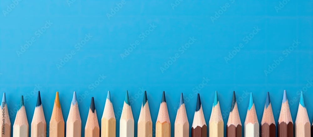 Poster Wooden colored pencils neatly arranged in a row on a blue background seen from a top down perspective with ample space for text or images