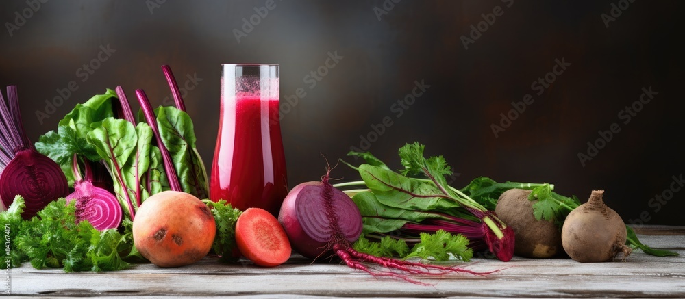 Poster fresh beet juice and raw vegetable on grey wooden table space for text. copy space available