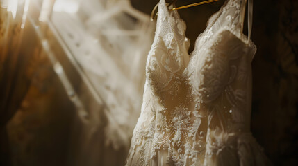 A delicate lace wedding dress hangs on the hanger.surrounded by soft light and delicate details 