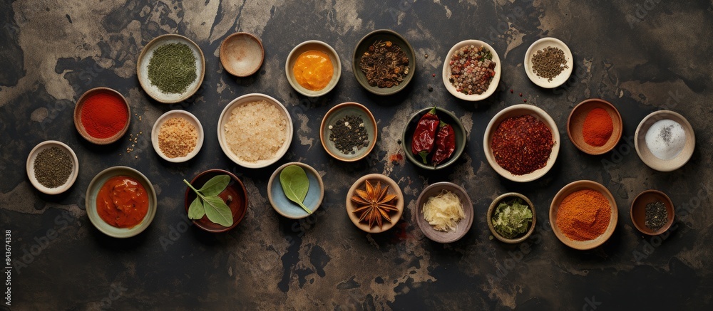 Poster Set of empty sauce bowls and spices on dark stone table Top view with copy space Flat lay