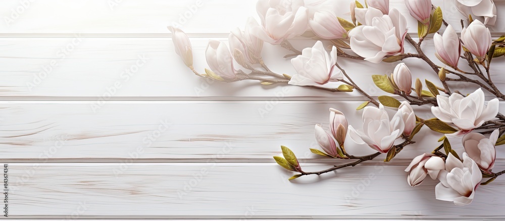 Aufkleber magnolia tree branches with beautiful flowers on white wooden table flat lay space for text. copy sp
