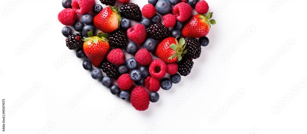 Poster a copy space image of heart shaped fresh mixed berries isolated on a white background perfect for va