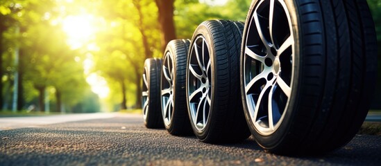 Four summer tire on road Change tyre 4 wheel off on nature in blurred background Advertise banner with copy space