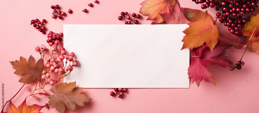 Poster Autumn creative composition Red leaves empty blank card in paper envelope wild grape berries on pink paper background Fall thanksgiving day concept Flat lay top view copy space