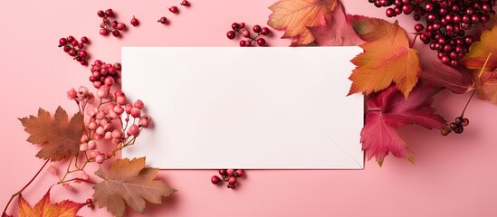 Autumn creative composition Red leaves empty blank card in paper envelope wild grape berries on pink paper background Fall thanksgiving day concept Flat lay top view copy space