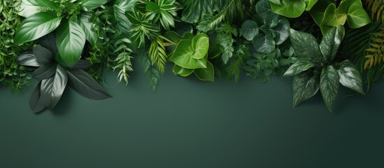 Fototapeta premium Botanical background with copy space made of many thick plants and leaves Creative layout with place for test Environment friendly green background