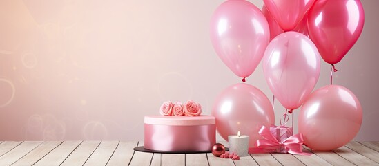 Pink cake Birthday Valentines Day presents and colorful balloons on a light pink wooden board Concept celebration. copy space available