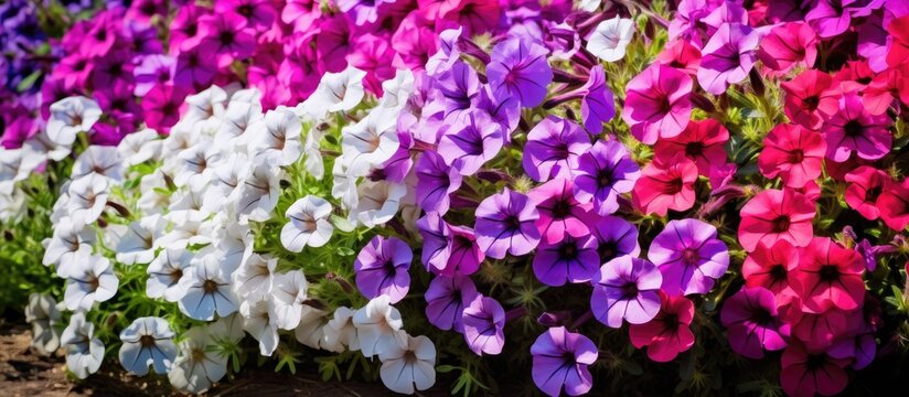 flowerbed of pitunia flowers in different shades Gardening concept Template for design Copy space