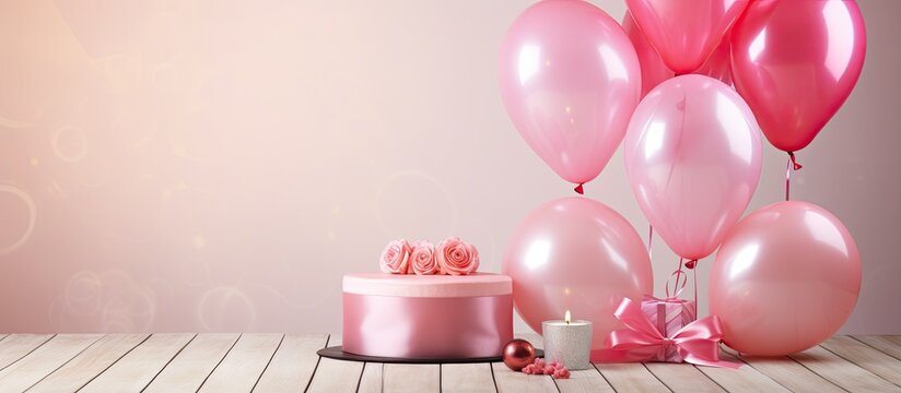 Pink cake Birthday Valentines Day presents and colorful balloons on a light pink wooden board Concept celebration. copy space available