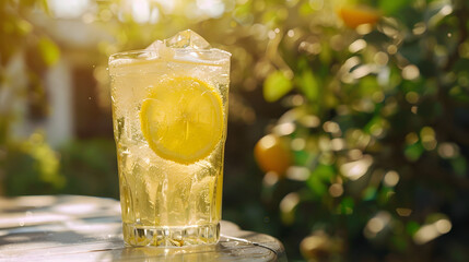 A detailed shot of a lemon-yellow spritzer with ice shards placed on a garden table. 