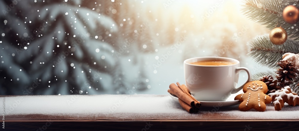 Poster christmas card with mulled wine hot drink gingerbread cookies and xmas fir tree branch view with spa