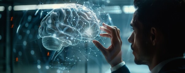 Advancing Business Intelligence: Businessman Engaging with 3D Brain Model in Virtual Reality Environment