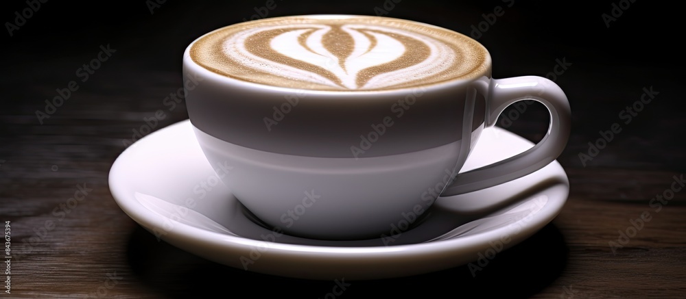 Poster coffee cappuccino in a white cup with a symbol of ethereum cinnamon on milk foam. copy space availab