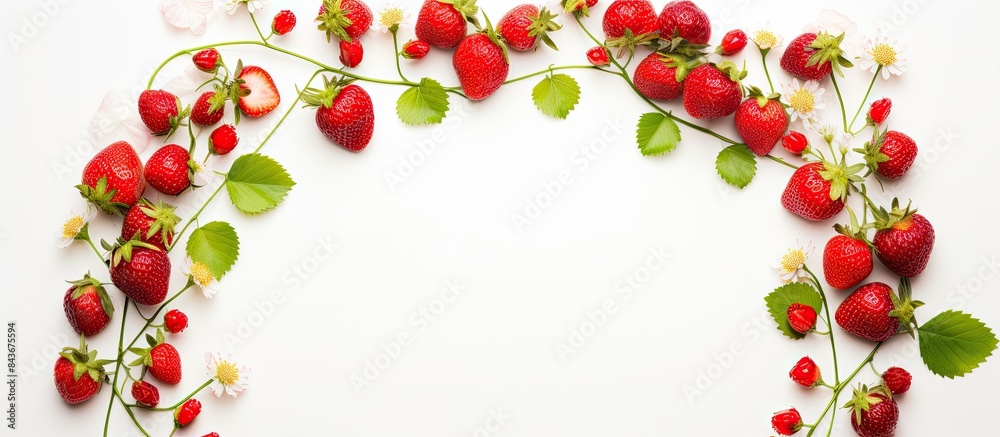 Poster red strawberries with leaves and flowers are arranged in a circle top view sweet frame for summer wi