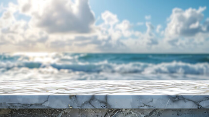 Naklejka premium table with blur sea summer background for display product 