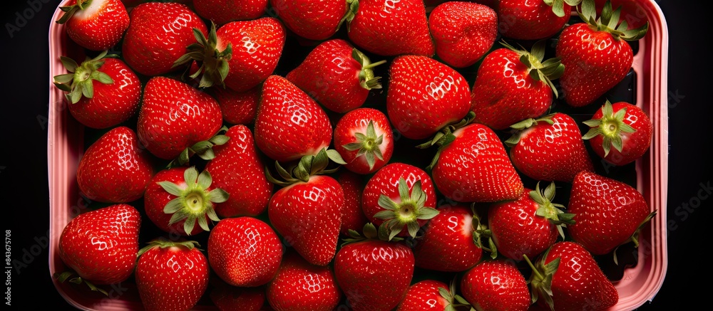 Fototapete A close up top view of strawberries spread out on a white surface inside a recycled paper food container There is empty space available for text or objects in the image. copy space available