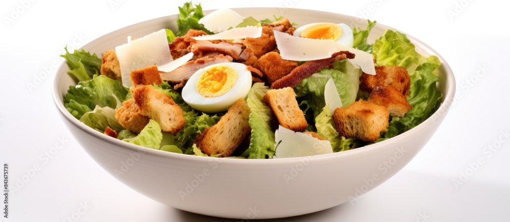 Poster caesar salad with croutons parmesan bacon chicken egg in whte bowl on white background restaurant se