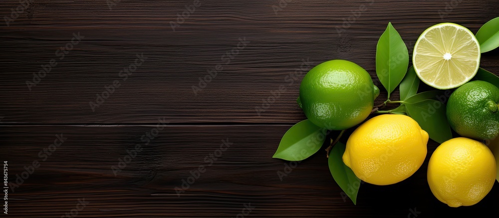 Aufkleber lime lemon wooden on black background free space for text top view. copy space available