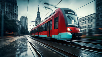 Naklejka premium Modern High-Speed Train in Urban Setting