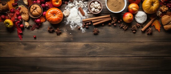 Autumn baking concept Frame with pumpkin apple nuts cinamon egg and flour on the wood table Cooking baking process with ingredients top view copy space