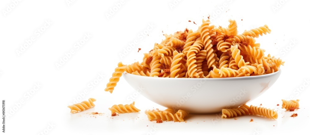 Poster A top down view of a pasta plate on a white background with empty space for adding text or images. copy space available