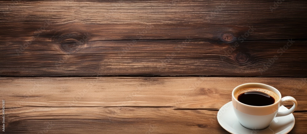 Poster a copy space image of a cup of coffee placed on a rustic wooden background