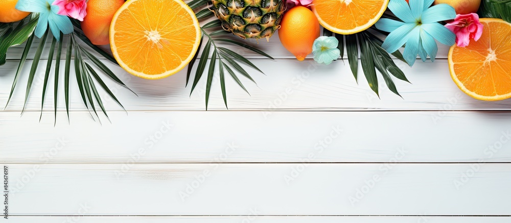 Poster top view of a tropical summer concept photograph with summer accessories arranged on white wooden pl