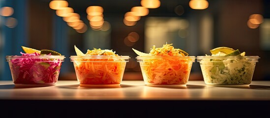 A closeup view of a coleslaw and salsa condiment cups in a restaurant or kitchen setting. copy space available