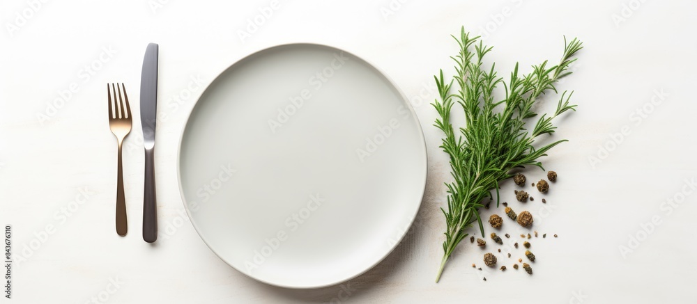 Poster Grey empty ceramic plate with herbs knife and fork on salty white background Minimal design Space for text or menu. copy space available