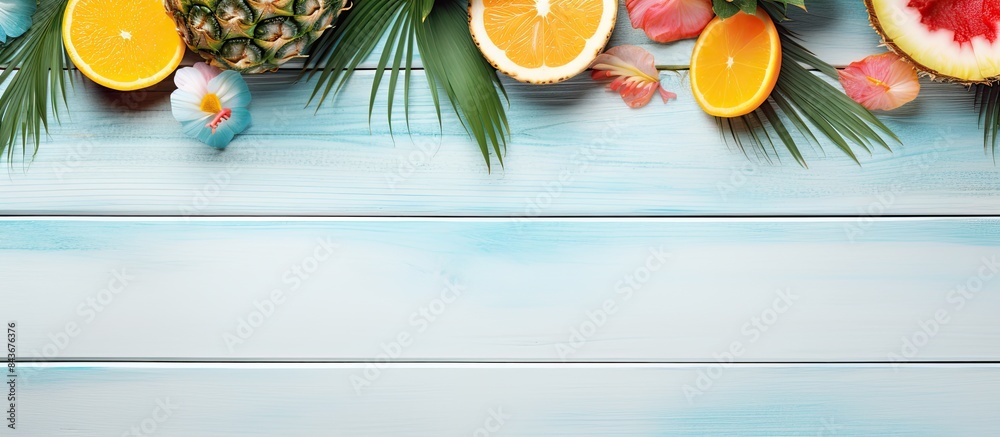 Aufkleber top view of a tropical summer concept photograph with summer accessories arranged on white wooden pl