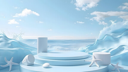 An illustration of a 3D rendered summer podium background with a 3D product display at a beach cosmetics sale.stage beauty sky shop water placement theme ad template mockup travel blue banner.