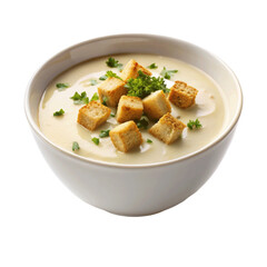 A on bowl creamy cauliflower soup isolated on Transparent background.